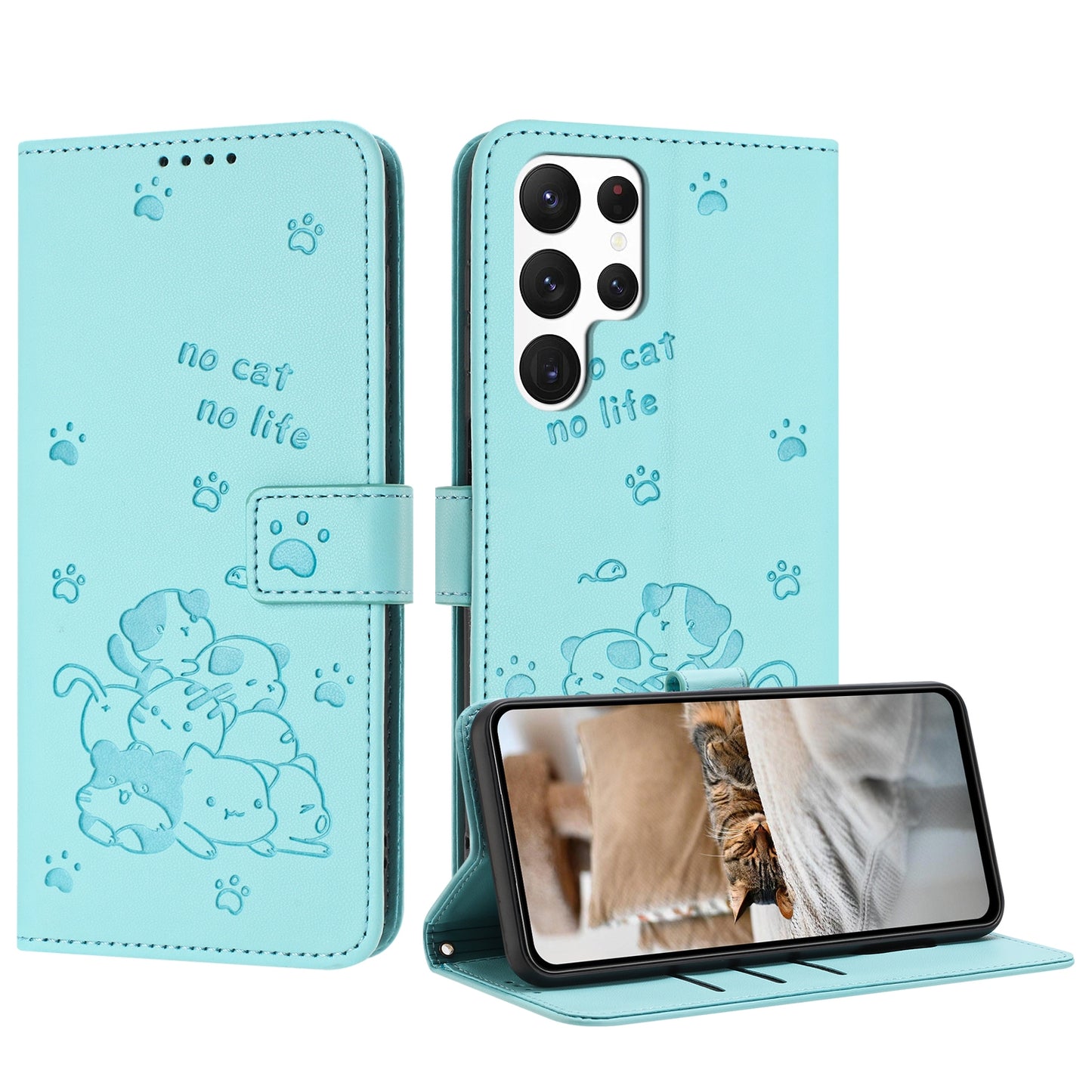 Samsung Galaxy S23 Ultra 5G Embossed Kitten PU Leather Wallet Case with Card Slots, Cash Pocket, Kickstand Function, Wrist Lanyard Strap, Full Protective TPU Flip Cover