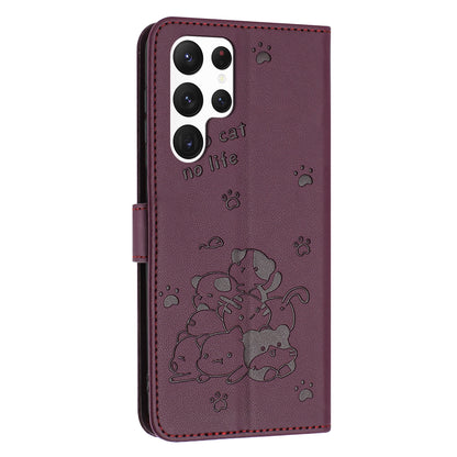 Samsung Galaxy S23 Ultra 5G Embossed Kitten PU Leather Wallet Case with Card Slots, Cash Pocket, Kickstand Function, Wrist Lanyard Strap, Full Protective TPU Flip Cover