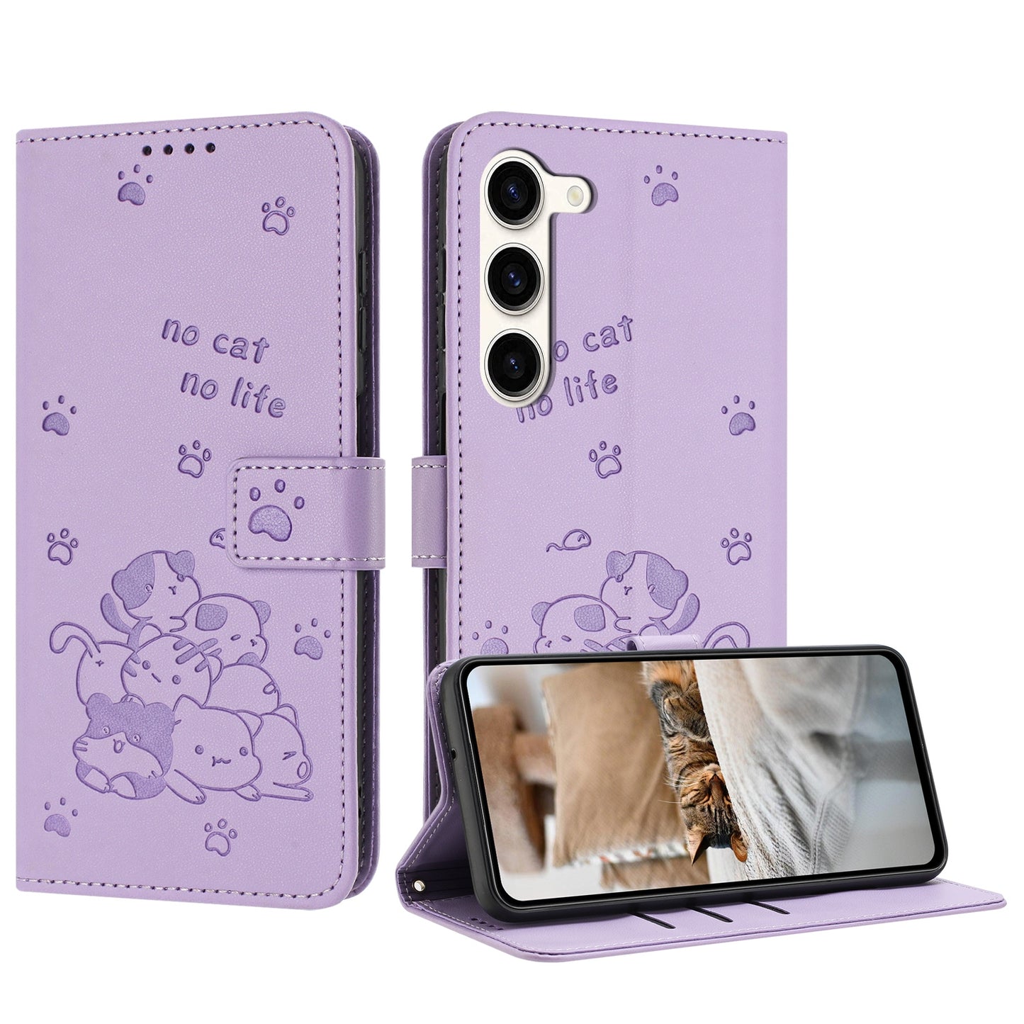 Samsung Galaxy S23+ 5G Embossed Kitten PU Leather Wallet Case with Card Slots, Cash Pocket, Kickstand Function, Wrist Lanyard Strap, Full Protective TPU Flip Cover