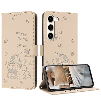 Samsung Galaxy S23+ 5G Embossed Kitten PU Leather Wallet Case with Card Slots, Cash Pocket, Kickstand Function, Wrist Lanyard Strap, Full Protective TPU Flip Cover