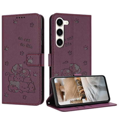 Samsung Galaxy S23+ 5G Embossed Kitten PU Leather Wallet Case with Card Slots, Cash Pocket, Kickstand Function, Wrist Lanyard Strap, Full Protective TPU Flip Cover