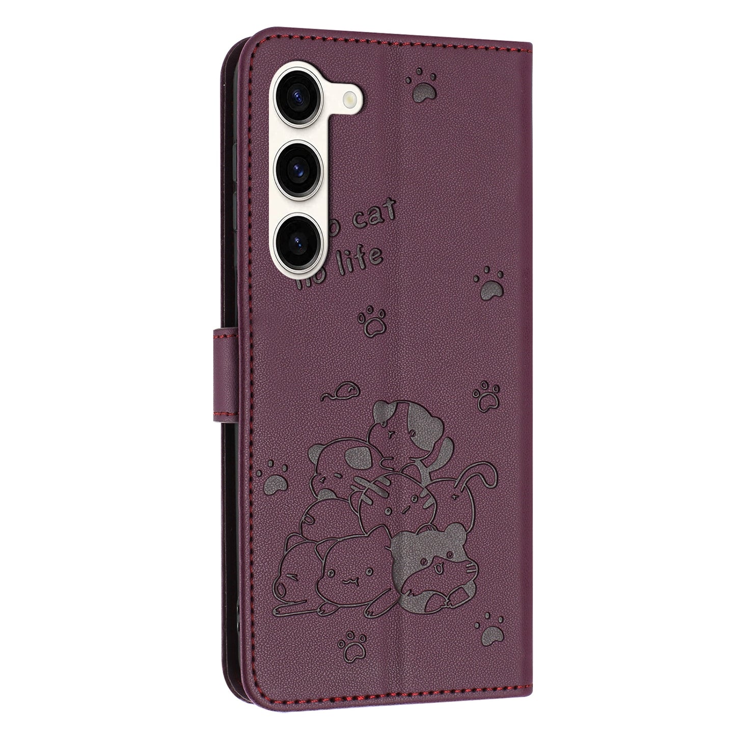 Samsung Galaxy S23+ 5G Embossed Kitten PU Leather Wallet Case with Card Slots, Cash Pocket, Kickstand Function, Wrist Lanyard Strap, Full Protective TPU Flip Cover