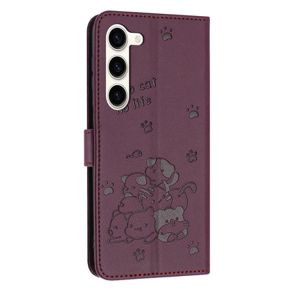 Samsung Galaxy S23+ 5G Embossed Kitten PU Leather Wallet Case with Card Slots, Cash Pocket, Kickstand Function, Wrist Lanyard Strap, Full Protective TPU Flip Cover