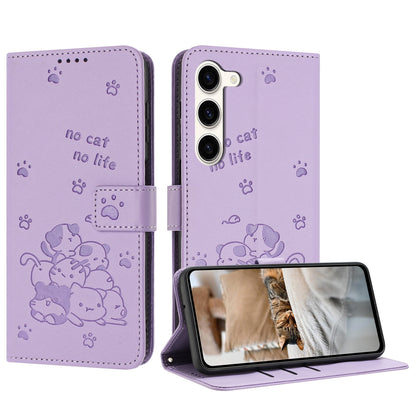 Samsung Galaxy S23 5G Embossed Kitten PU Leather Wallet Case with Card Slots, Cash Pocket, Kickstand Function, Wrist Lanyard Strap, Full Protective TPU Flip Cover