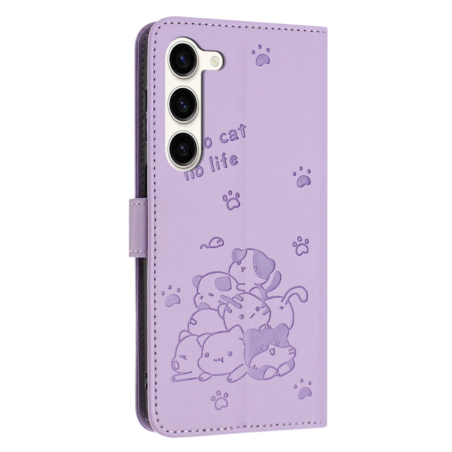 Samsung Galaxy S23 5G Embossed Kitten PU Leather Wallet Case with Card Slots, Cash Pocket, Kickstand Function, Wrist Lanyard Strap, Full Protective TPU Flip Cover