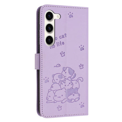 Samsung Galaxy S23 5G Embossed Kitten PU Leather Wallet Case with Card Slots, Cash Pocket, Kickstand Function, Wrist Lanyard Strap, Full Protective TPU Flip Cover