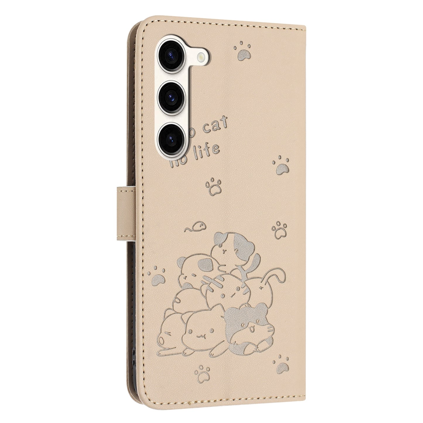 Samsung Galaxy S23 5G Embossed Kitten PU Leather Wallet Case with Card Slots, Cash Pocket, Kickstand Function, Wrist Lanyard Strap, Full Protective TPU Flip Cover