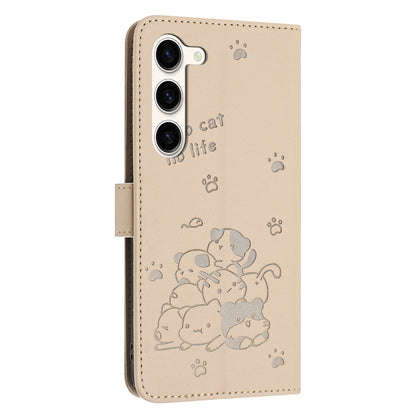Samsung Galaxy S23 5G Embossed Kitten PU Leather Wallet Case with Card Slots, Cash Pocket, Kickstand Function, Wrist Lanyard Strap, Full Protective TPU Flip Cover