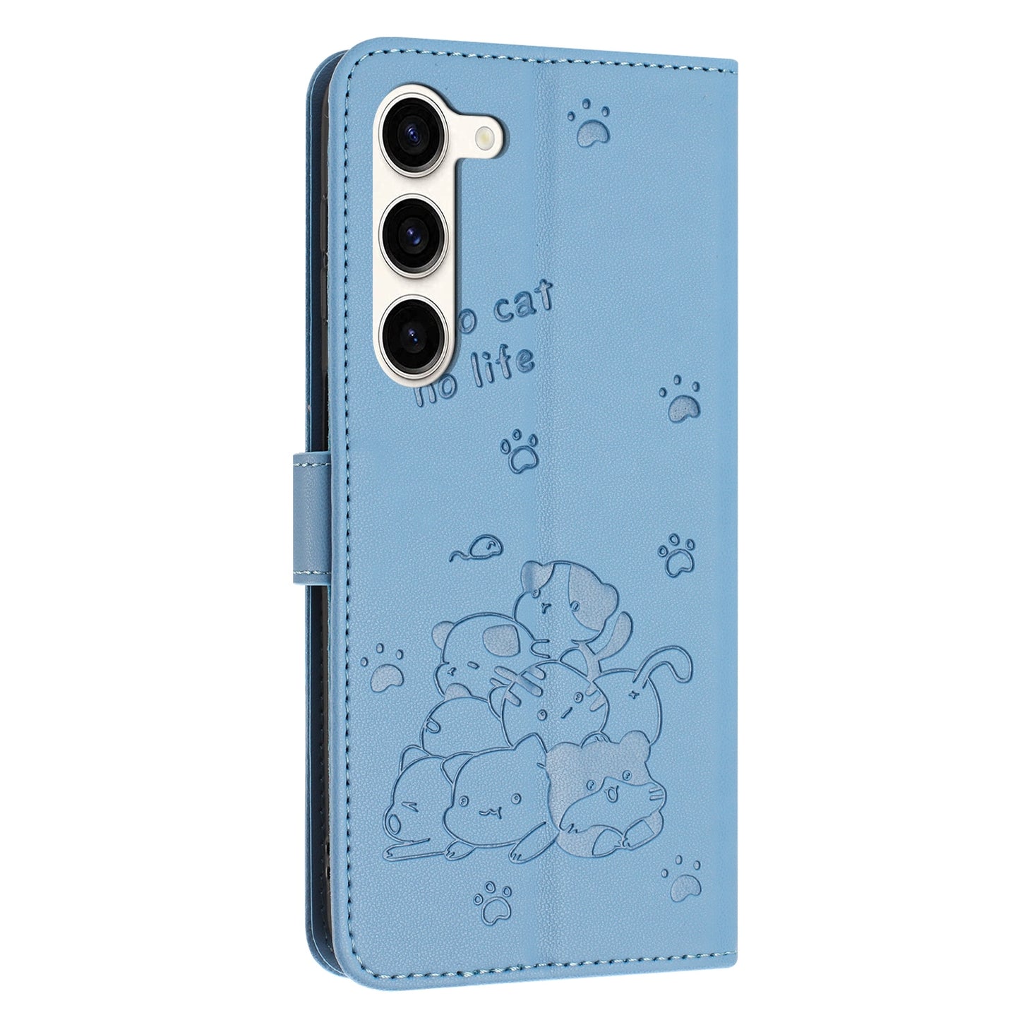 Samsung Galaxy S23 5G Embossed Kitten PU Leather Wallet Case with Card Slots, Cash Pocket, Kickstand Function, Wrist Lanyard Strap, Full Protective TPU Flip Cover