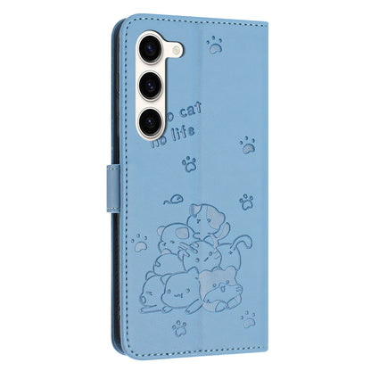 Samsung Galaxy S23 5G Embossed Kitten PU Leather Wallet Case with Card Slots, Cash Pocket, Kickstand Function, Wrist Lanyard Strap, Full Protective TPU Flip Cover