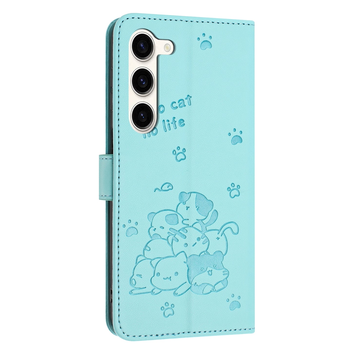 Samsung Galaxy S23 5G Embossed Kitten PU Leather Wallet Case with Card Slots, Cash Pocket, Kickstand Function, Wrist Lanyard Strap, Full Protective TPU Flip Cover