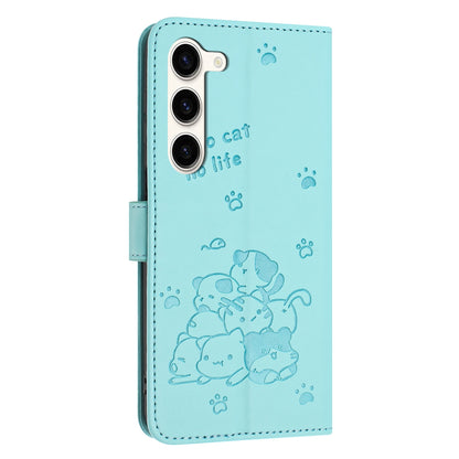Samsung Galaxy S23 5G Embossed Kitten PU Leather Wallet Case with Card Slots, Cash Pocket, Kickstand Function, Wrist Lanyard Strap, Full Protective TPU Flip Cover