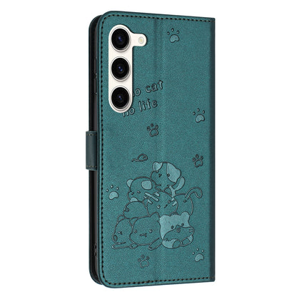 Samsung Galaxy S23 5G Embossed Kitten PU Leather Wallet Case with Card Slots, Cash Pocket, Kickstand Function, Wrist Lanyard Strap, Full Protective TPU Flip Cover