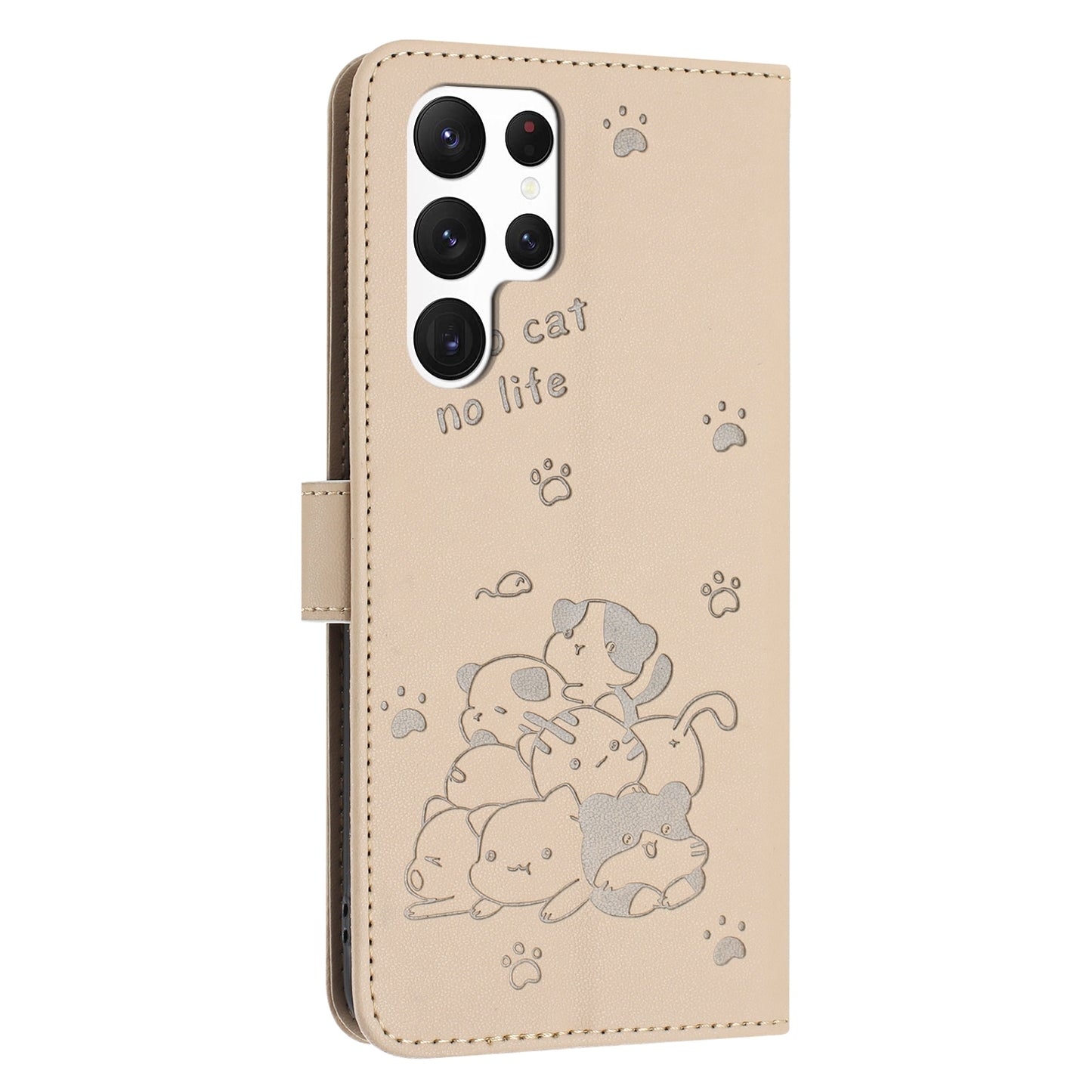 Samsung Galaxy S22 Ultra 5G Embossed Kitten PU Leather Wallet Case with Card Slots, Cash Pocket, Kickstand Function, Wrist Lanyard Strap, Full Protective TPU Flip Cover