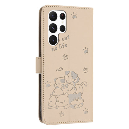 Samsung Galaxy S22 Ultra 5G Embossed Kitten PU Leather Wallet Case with Card Slots, Cash Pocket, Kickstand Function, Wrist Lanyard Strap, Full Protective TPU Flip Cover