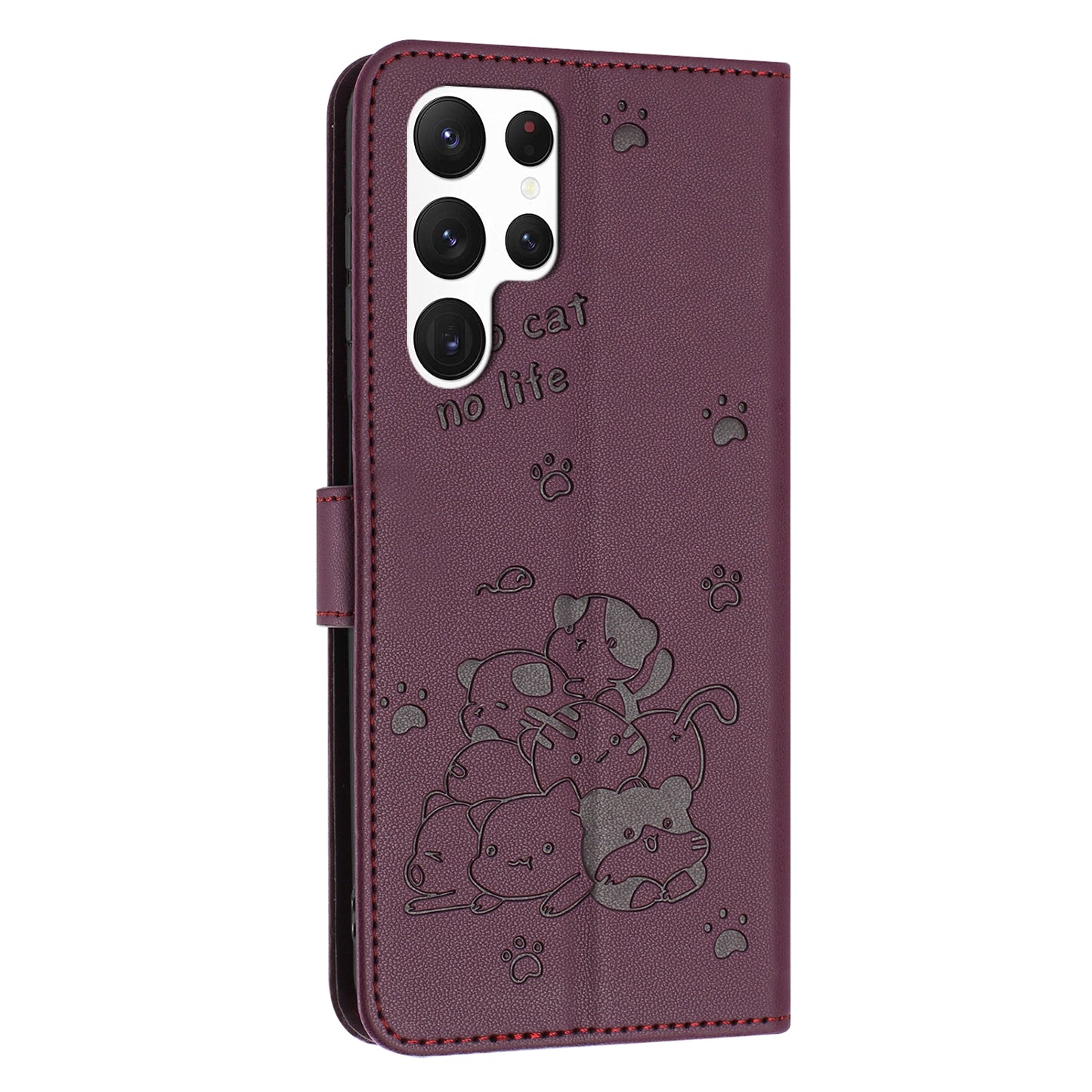 Samsung Galaxy S22 Ultra 5G Embossed Kitten PU Leather Wallet Case with Card Slots, Cash Pocket, Kickstand Function, Wrist Lanyard Strap, Full Protective TPU Flip Cover