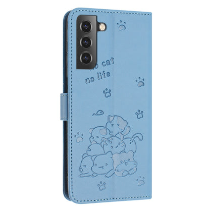 Samsung Galaxy S22+ 5G Embossed Kitten PU Leather Wallet Case with Card Slots, Cash Pocket, Kickstand Function, Wrist Lanyard Strap, Full Protective TPU Flip Cover
