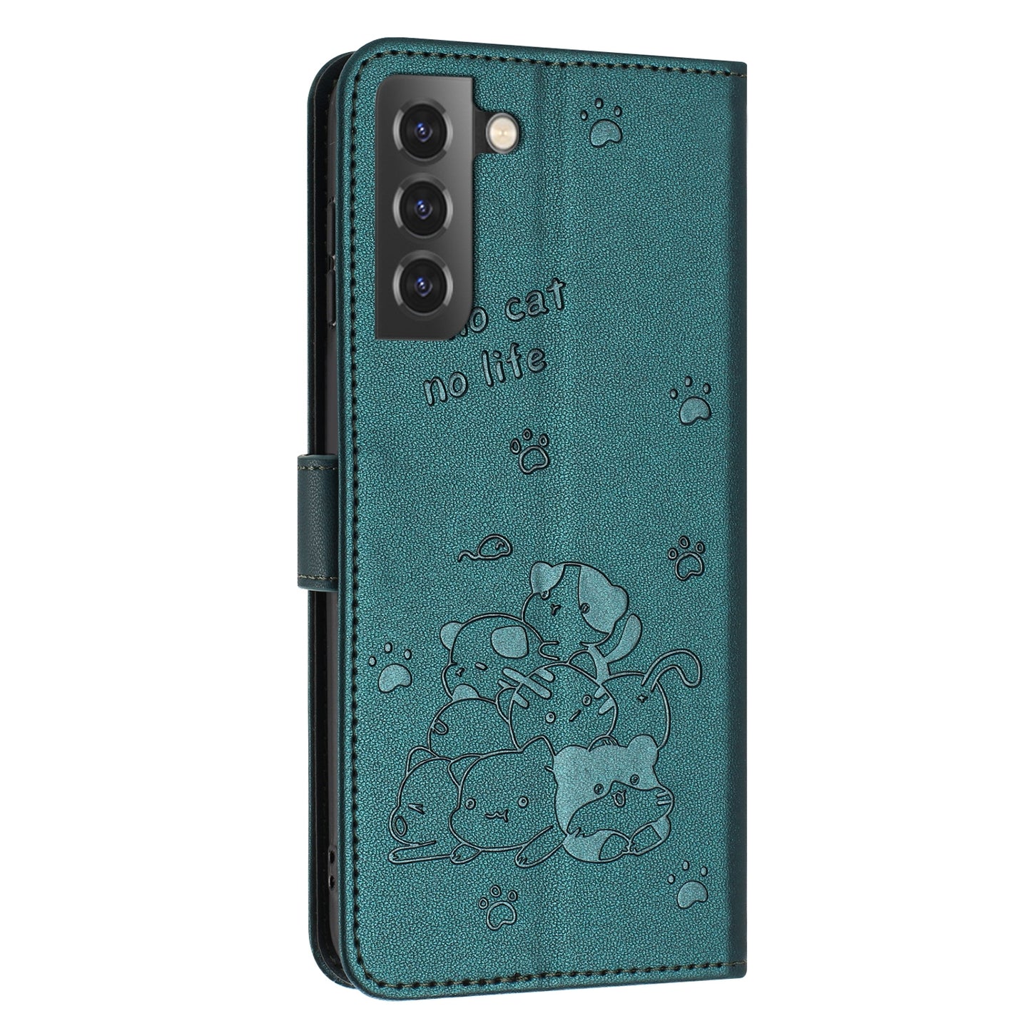 Samsung Galaxy S22+ 5G Embossed Kitten PU Leather Wallet Case with Card Slots, Cash Pocket, Kickstand Function, Wrist Lanyard Strap, Full Protective TPU Flip Cover