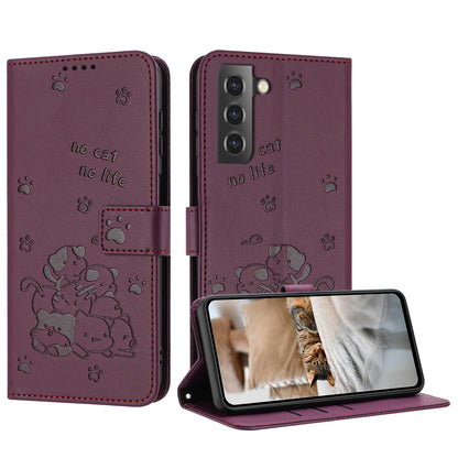 Samsung Galaxy S22+ 5G Embossed Kitten PU Leather Wallet Case with Card Slots, Cash Pocket, Kickstand Function, Wrist Lanyard Strap, Full Protective TPU Flip Cover