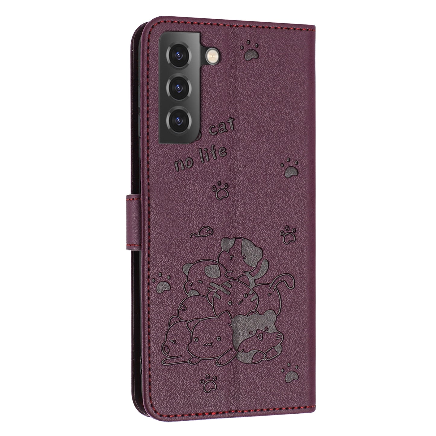 Samsung Galaxy S21 FE 5G Embossed Kitten PU Leather Wallet Case with Card Slots, Cash Pocket, Kickstand Function, Wrist Lanyard Strap, Full Protective TPU Flip Cover