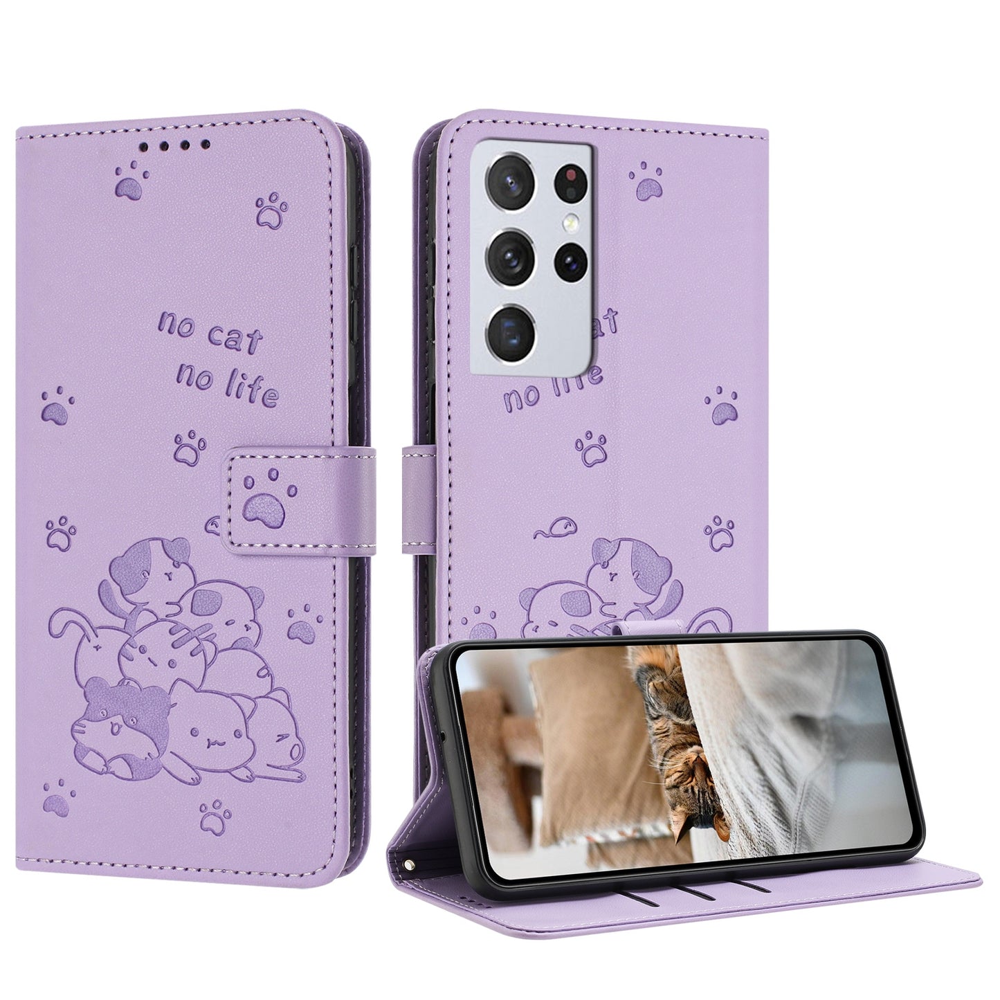 Samsung Galaxy S21 Ultra 5G Embossed Kitten PU Leather Wallet Case with Card Slots, Cash Pocket, Kickstand Function, Wrist Lanyard Strap, Full Protective TPU Flip Cover