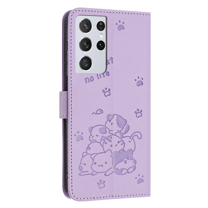 Samsung Galaxy S21 Ultra 5G Embossed Kitten PU Leather Wallet Case with Card Slots, Cash Pocket, Kickstand Function, Wrist Lanyard Strap, Full Protective TPU Flip Cover