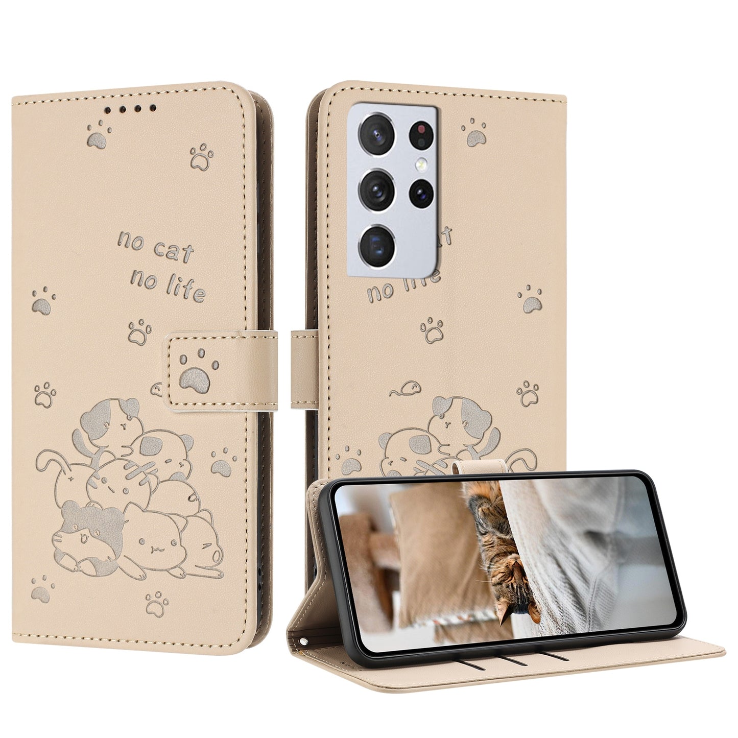 Samsung Galaxy S21 Ultra 5G Embossed Kitten PU Leather Wallet Case with Card Slots, Cash Pocket, Kickstand Function, Wrist Lanyard Strap, Full Protective TPU Flip Cover