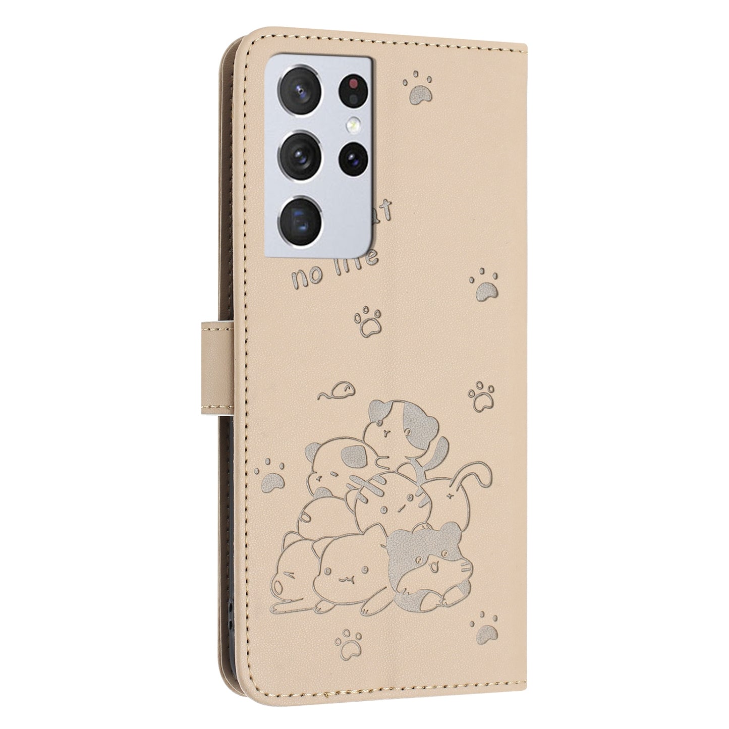 Samsung Galaxy S21 Ultra 5G Embossed Kitten PU Leather Wallet Case with Card Slots, Cash Pocket, Kickstand Function, Wrist Lanyard Strap, Full Protective TPU Flip Cover