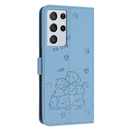 Samsung Galaxy S21 Ultra 5G Embossed Kitten PU Leather Wallet Case with Card Slots, Cash Pocket, Kickstand Function, Wrist Lanyard Strap, Full Protective TPU Flip Cover
