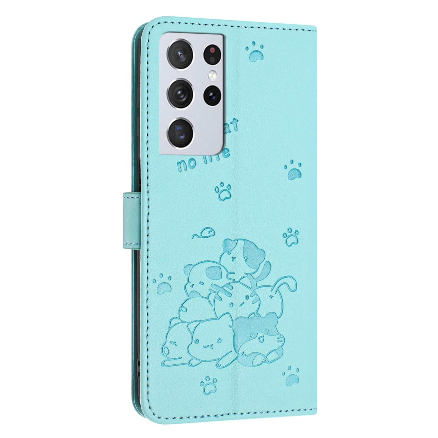 Samsung Galaxy S21 Ultra 5G Embossed Kitten PU Leather Wallet Case with Card Slots, Cash Pocket, Kickstand Function, Wrist Lanyard Strap, Full Protective TPU Flip Cover