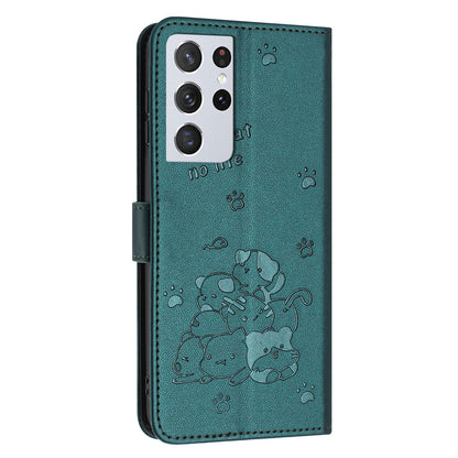 Samsung Galaxy S21 Ultra 5G Embossed Kitten PU Leather Wallet Case with Card Slots, Cash Pocket, Kickstand Function, Wrist Lanyard Strap, Full Protective TPU Flip Cover