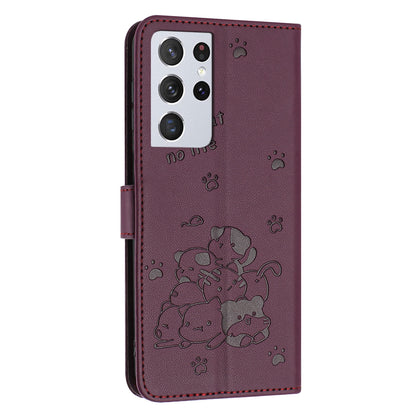 Samsung Galaxy S21 Ultra 5G Embossed Kitten PU Leather Wallet Case with Card Slots, Cash Pocket, Kickstand Function, Wrist Lanyard Strap, Full Protective TPU Flip Cover