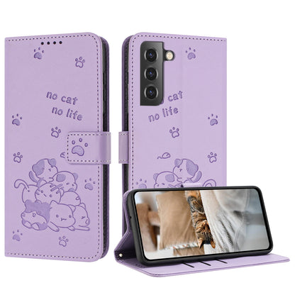 Samsung Galaxy S21+ 5G Embossed Kitten PU Leather Wallet Case with Card Slots, Cash Pocket, Kickstand Function, Wrist Lanyard Strap, Full Protective TPU Flip Cover