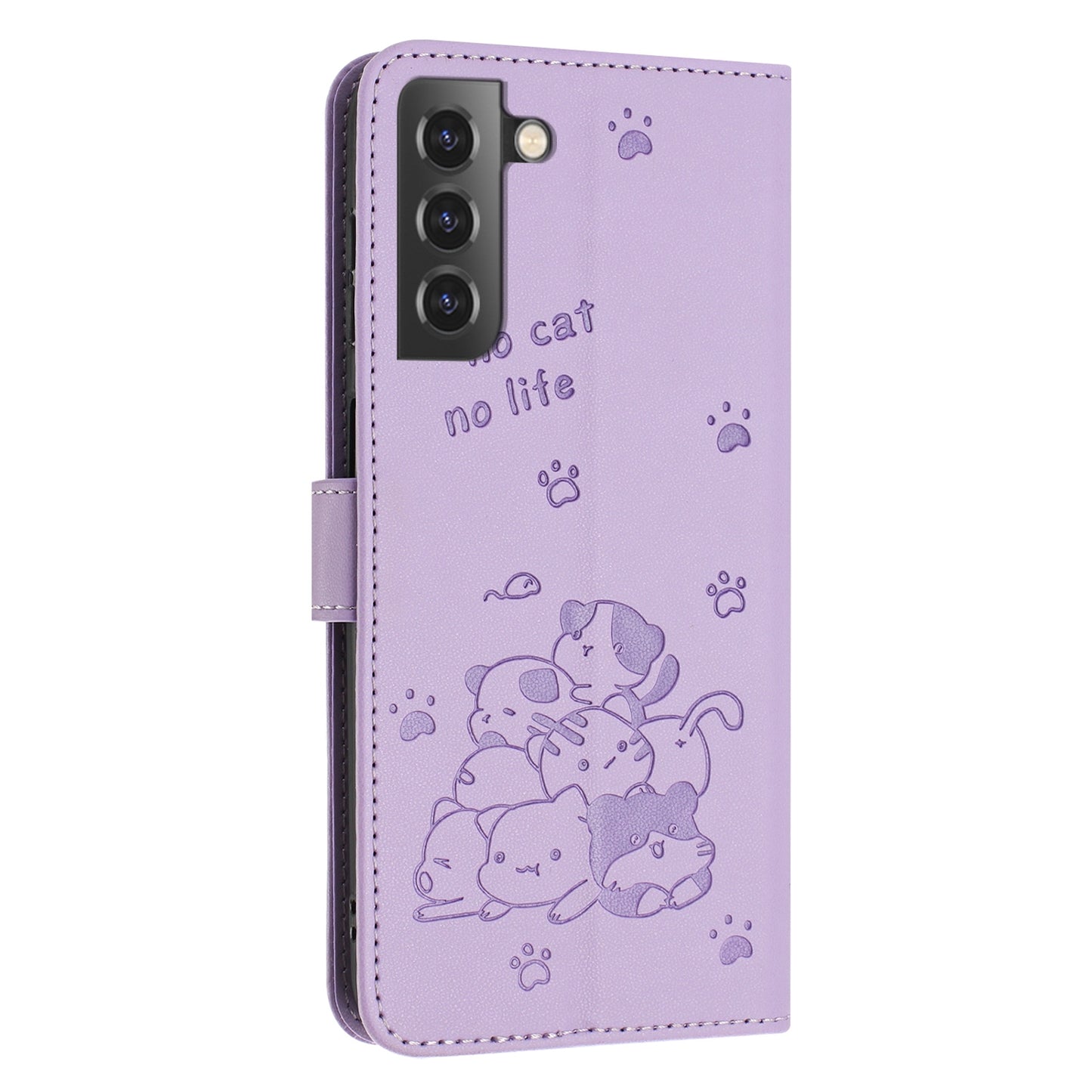 Samsung Galaxy S21+ 5G Embossed Kitten PU Leather Wallet Case with Card Slots, Cash Pocket, Kickstand Function, Wrist Lanyard Strap, Full Protective TPU Flip Cover
