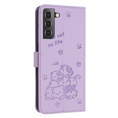 Samsung Galaxy S21+ 5G Embossed Kitten PU Leather Wallet Case with Card Slots, Cash Pocket, Kickstand Function, Wrist Lanyard Strap, Full Protective TPU Flip Cover