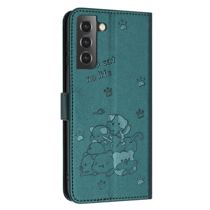 Samsung Galaxy S21+ 5G Embossed Kitten PU Leather Wallet Case with Card Slots, Cash Pocket, Kickstand Function, Wrist Lanyard Strap, Full Protective TPU Flip Cover