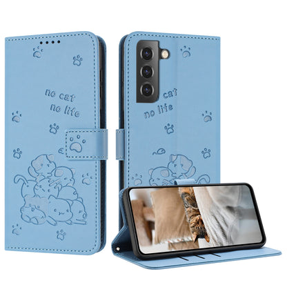 Samsung Galaxy S21 5G Embossed Kitten PU Leather Wallet Case with Card Slots, Cash Pocket, Kickstand Function, Wrist Lanyard Strap, Full Protective TPU Flip Cover