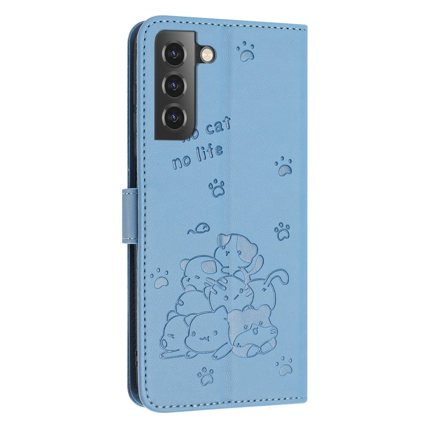 Samsung Galaxy S21 5G Embossed Kitten PU Leather Wallet Case with Card Slots, Cash Pocket, Kickstand Function, Wrist Lanyard Strap, Full Protective TPU Flip Cover