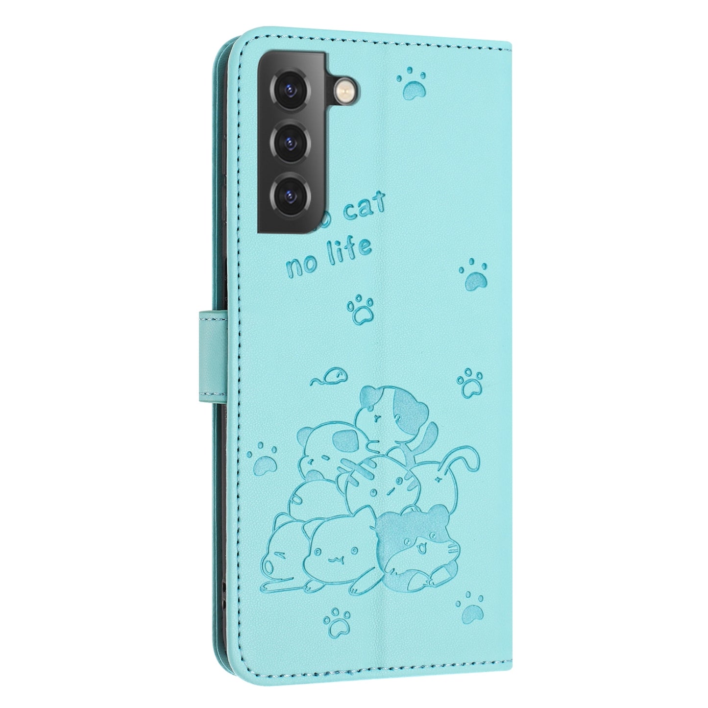 Samsung Galaxy S21 5G Embossed Kitten PU Leather Wallet Case with Card Slots, Cash Pocket, Kickstand Function, Wrist Lanyard Strap, Full Protective TPU Flip Cover