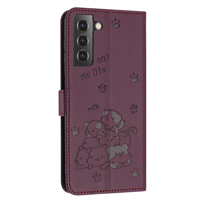 Samsung Galaxy S21 5G Embossed Kitten PU Leather Wallet Case with Card Slots, Cash Pocket, Kickstand Function, Wrist Lanyard Strap, Full Protective TPU Flip Cover