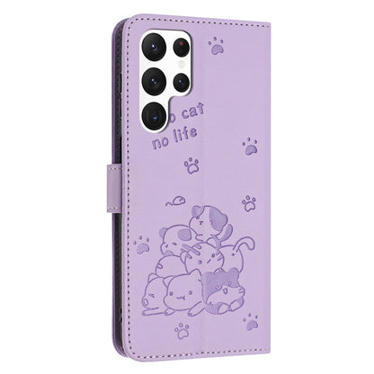 Samsung Galaxy S25 Ultra 5G Embossed Kitten PU Leather Wallet Case with Card Slots, Cash Pocket, Kickstand Function, Wrist Lanyard Strap, Full Protective TPU Flip Cover
