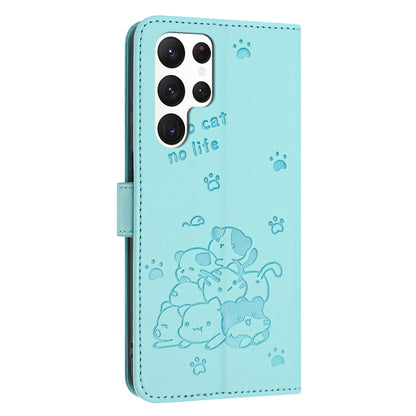 Samsung Galaxy S25 Ultra 5G Embossed Kitten PU Leather Wallet Case with Card Slots, Cash Pocket, Kickstand Function, Wrist Lanyard Strap, Full Protective TPU Flip Cover