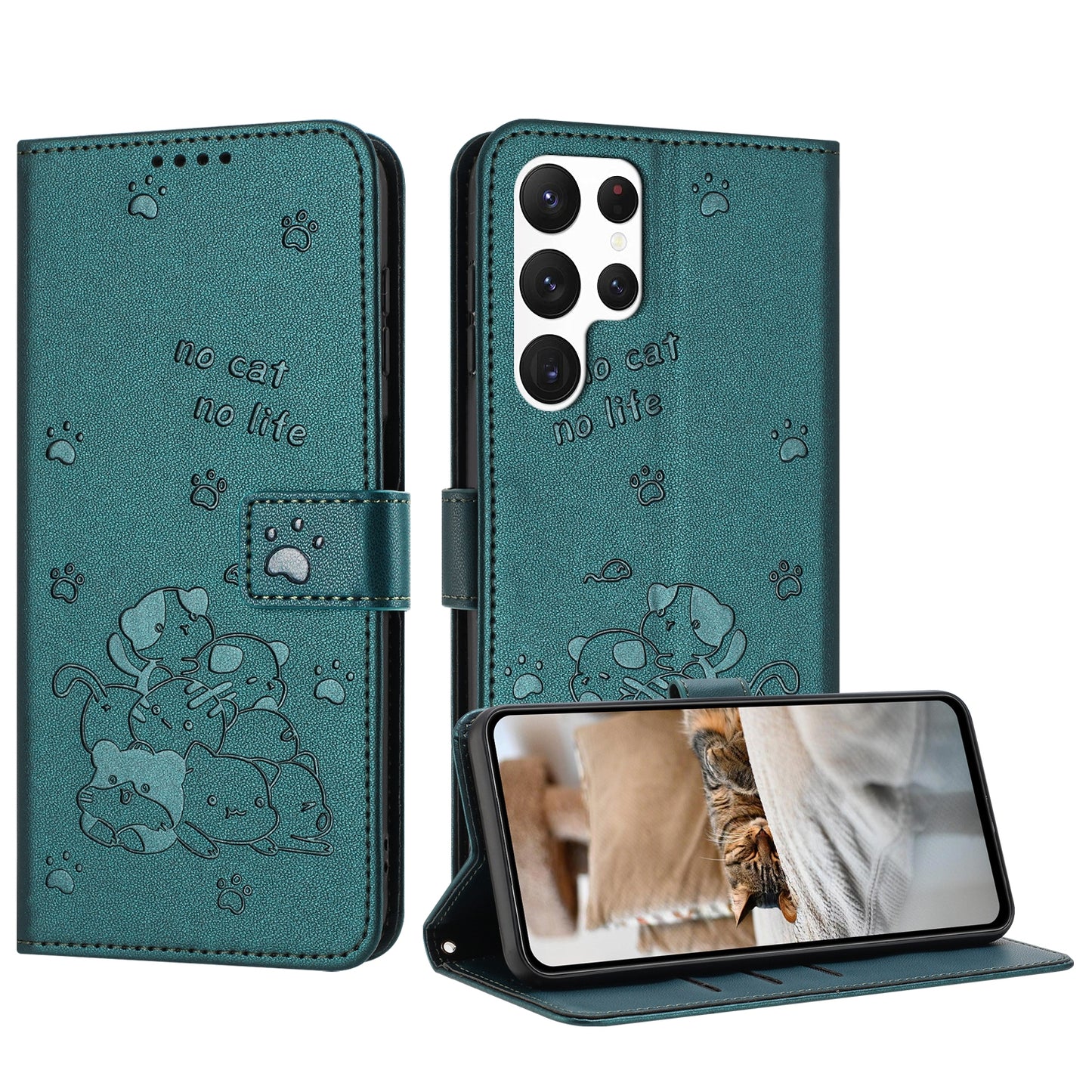 Samsung Galaxy S25 Ultra 5G Embossed Kitten PU Leather Wallet Case with Card Slots, Cash Pocket, Kickstand Function, Wrist Lanyard Strap, Full Protective TPU Flip Cover