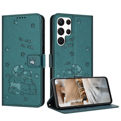 Samsung Galaxy S25 Ultra 5G Embossed Kitten PU Leather Wallet Case with Card Slots, Cash Pocket, Kickstand Function, Wrist Lanyard Strap, Full Protective TPU Flip Cover