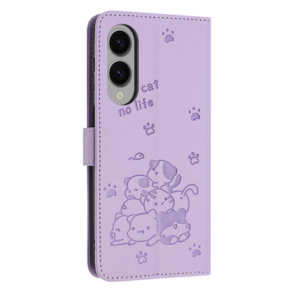 Samsung Galaxy S25 Edge 5G Embossed Kitten PU Leather Wallet Case with Card Slots, Cash Pocket, Kickstand Function, Wrist Lanyard Strap, Full Protective TPU Flip Cover