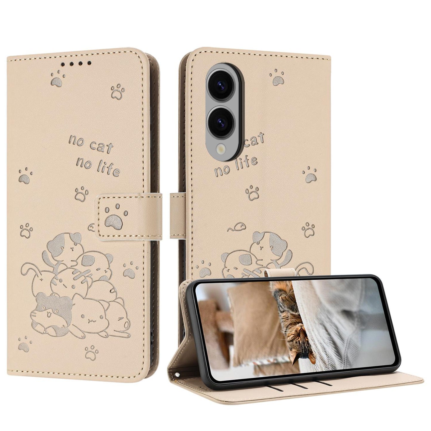 Samsung Galaxy S25 Edge 5G Embossed Kitten PU Leather Wallet Case with Card Slots, Cash Pocket, Kickstand Function, Wrist Lanyard Strap, Full Protective TPU Flip Cover