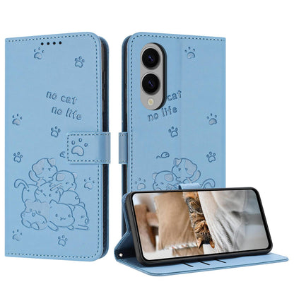 Samsung Galaxy S25 Edge 5G Embossed Kitten PU Leather Wallet Case with Card Slots, Cash Pocket, Kickstand Function, Wrist Lanyard Strap, Full Protective TPU Flip Cover
