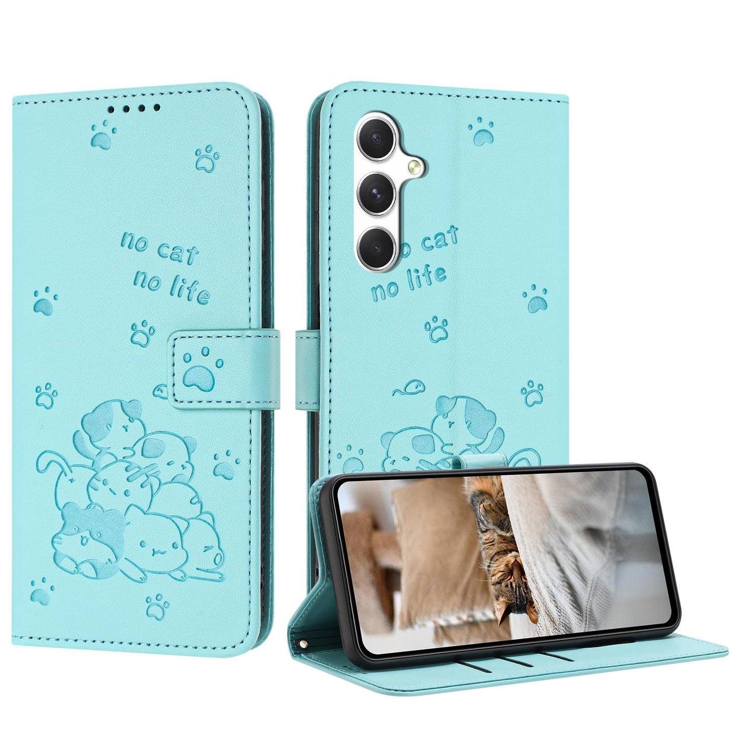 Samsung Galaxy S25 FE 5G Embossed Kitten PU Leather Wallet Case with Card Slots, Cash Pocket, Kickstand Function, Wrist Lanyard Strap, Full Protective TPU Flip Cover
