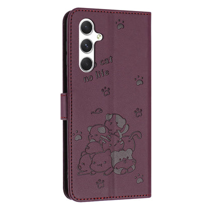 Samsung Galaxy S25 FE 5G Embossed Kitten PU Leather Wallet Case with Card Slots, Cash Pocket, Kickstand Function, Wrist Lanyard Strap, Full Protective TPU Flip Cover