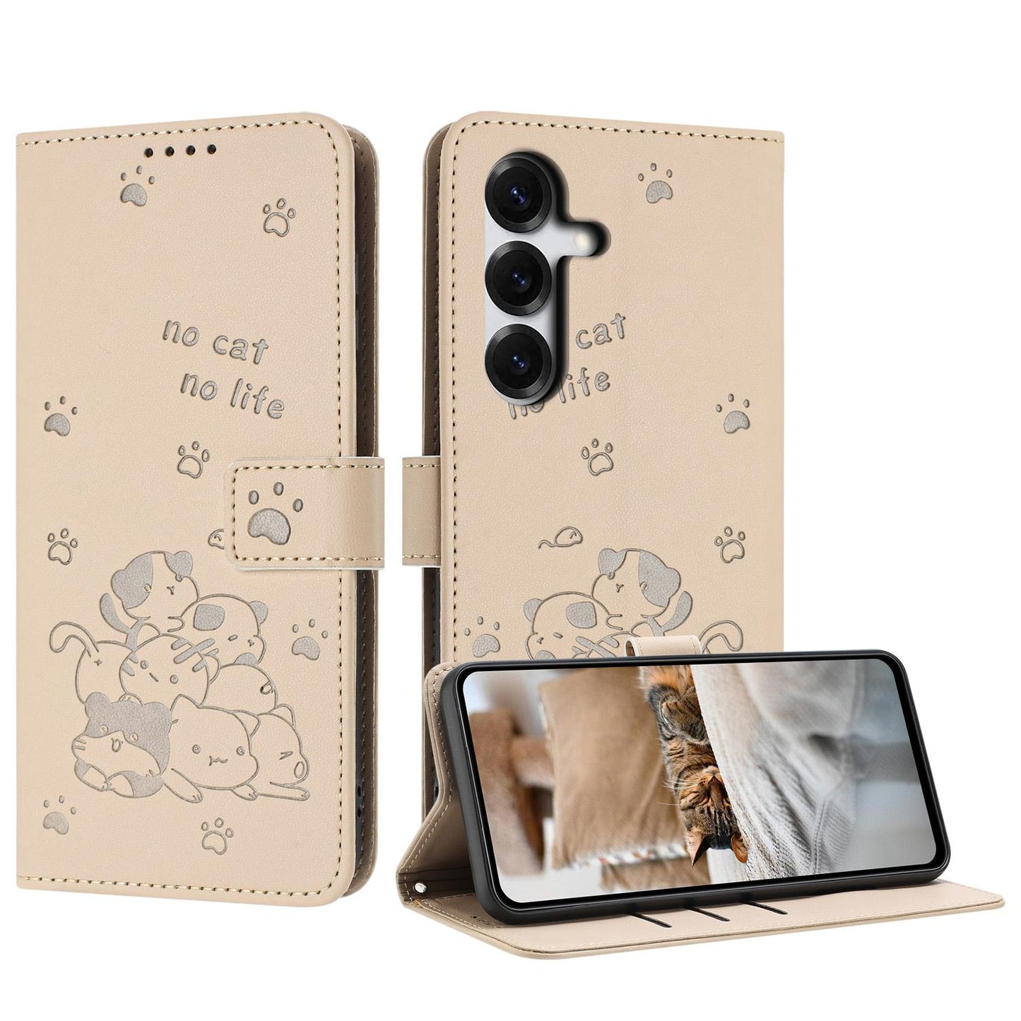 Samsung Galaxy S26 5G Embossed Kitten PU Leather Wallet Case with Card Slots, Cash Pocket, Kickstand Function, Wrist Lanyard Strap, Full Protective TPU Flip Cover